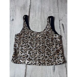 Zara Sequin Leopard Print Tank Top Womens XS Gold Black Cropped‎ Glam Party